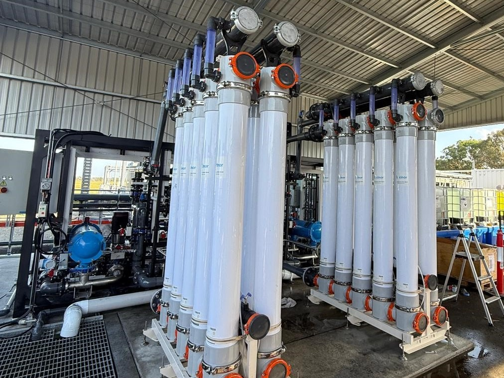 Double-rack Scinor ultrafiltration system installed under a shade structure for Onterris’ PFAS remediation plant in NSW