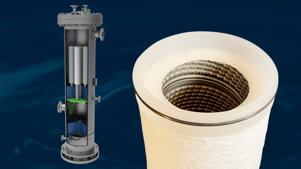 SupaSep LGP coalescer cartridge shown beside a cutaway of a liquid-gas coalescer housing