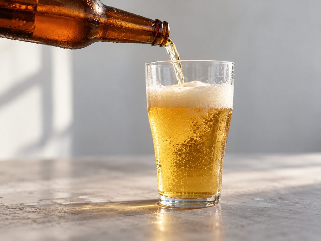 Alcohol-free beer being poured from an amber bottle into a glass